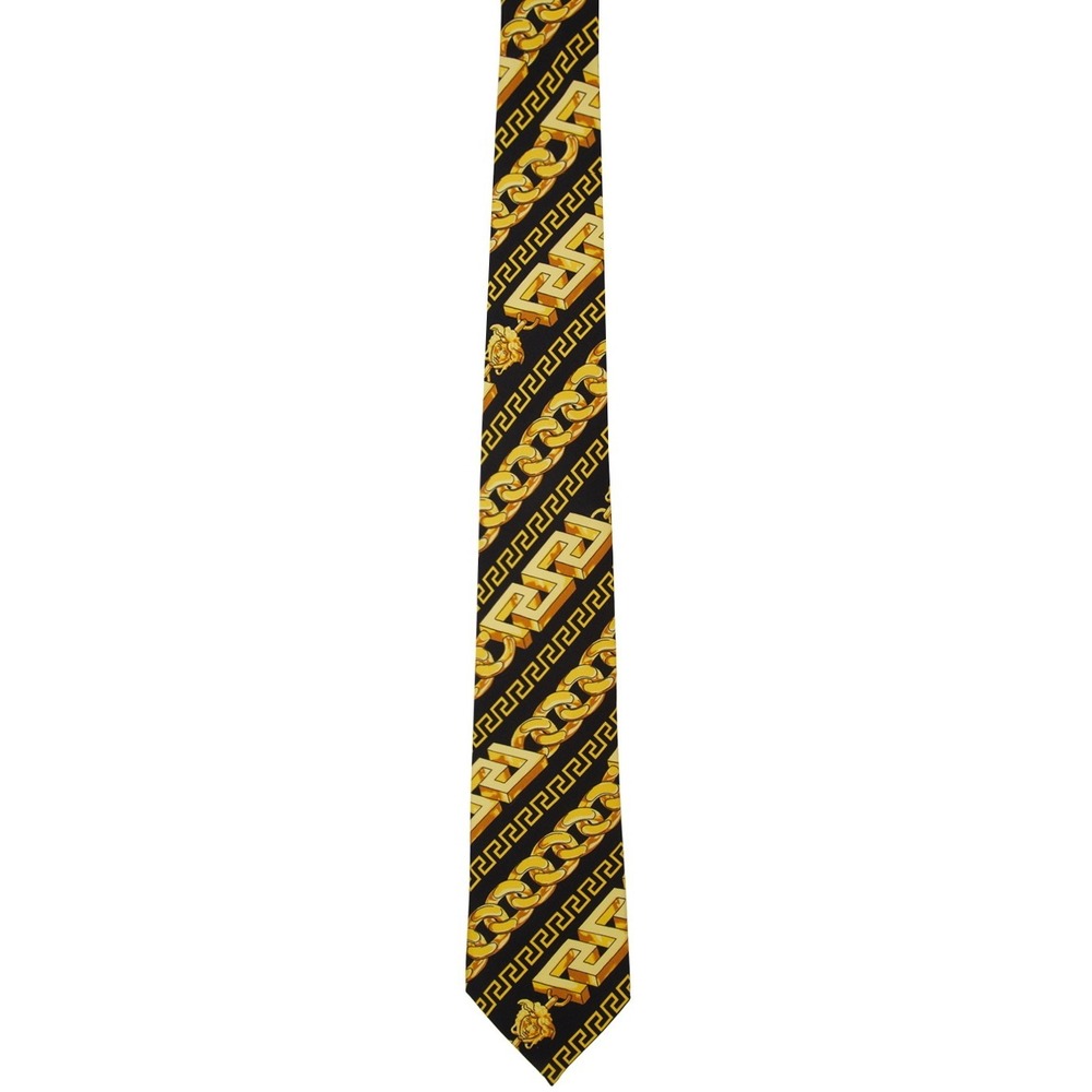 Versace Greca Chain Medusa 100% Silk Tie Black Gold Made in Italy NWT Authentic